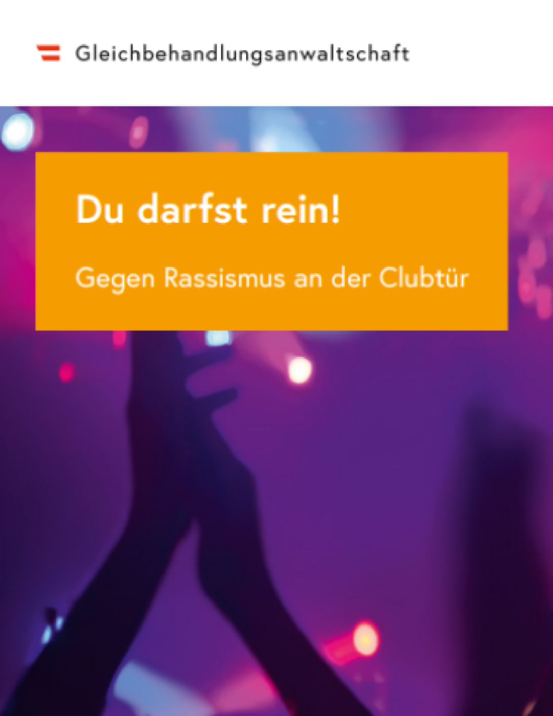 Deckblatt der Broschüre "Du darfst rein!" zeigt tanzende Menschen im Club.