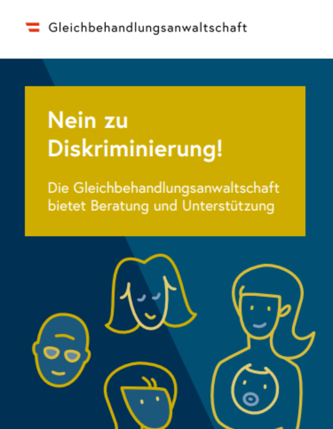 Deckblatt der Broschüre "Nein zu Diskriminierung!" zeigt verschiedene gezeichnete Köpfe in gelb auf blauem Hintergrund.
