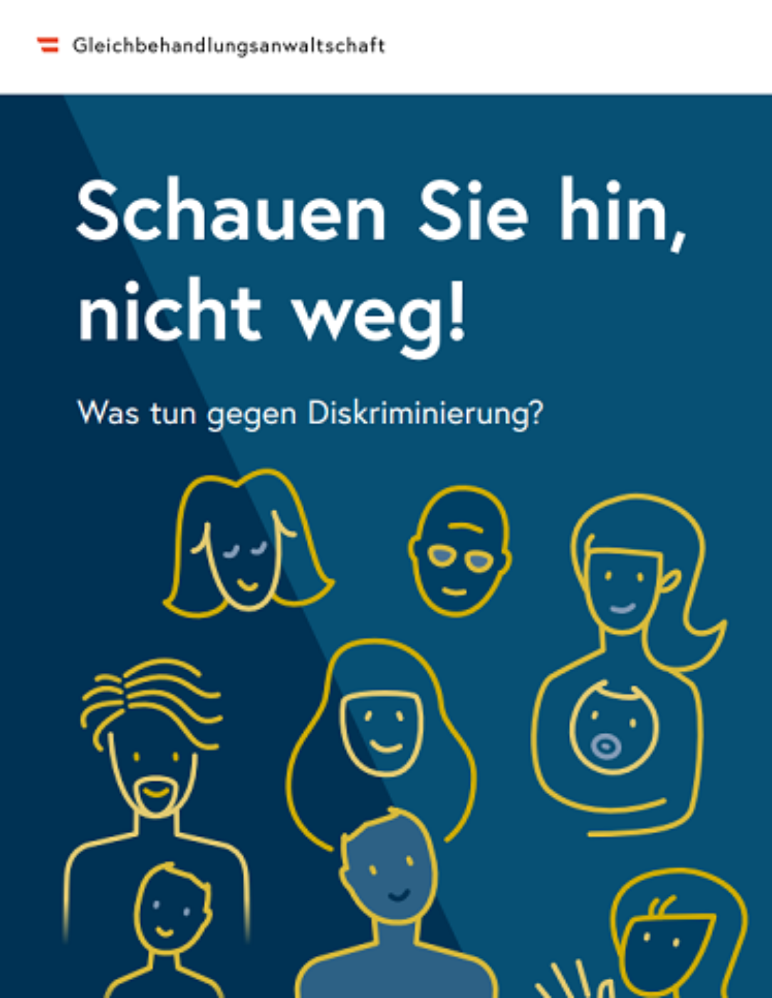 Deckblatt der Broschüre "Schauen Sie hin, nicht weg!" zeigt verschiedene gezeichnete Köpfe in gelb auf blauem Hintergrund.